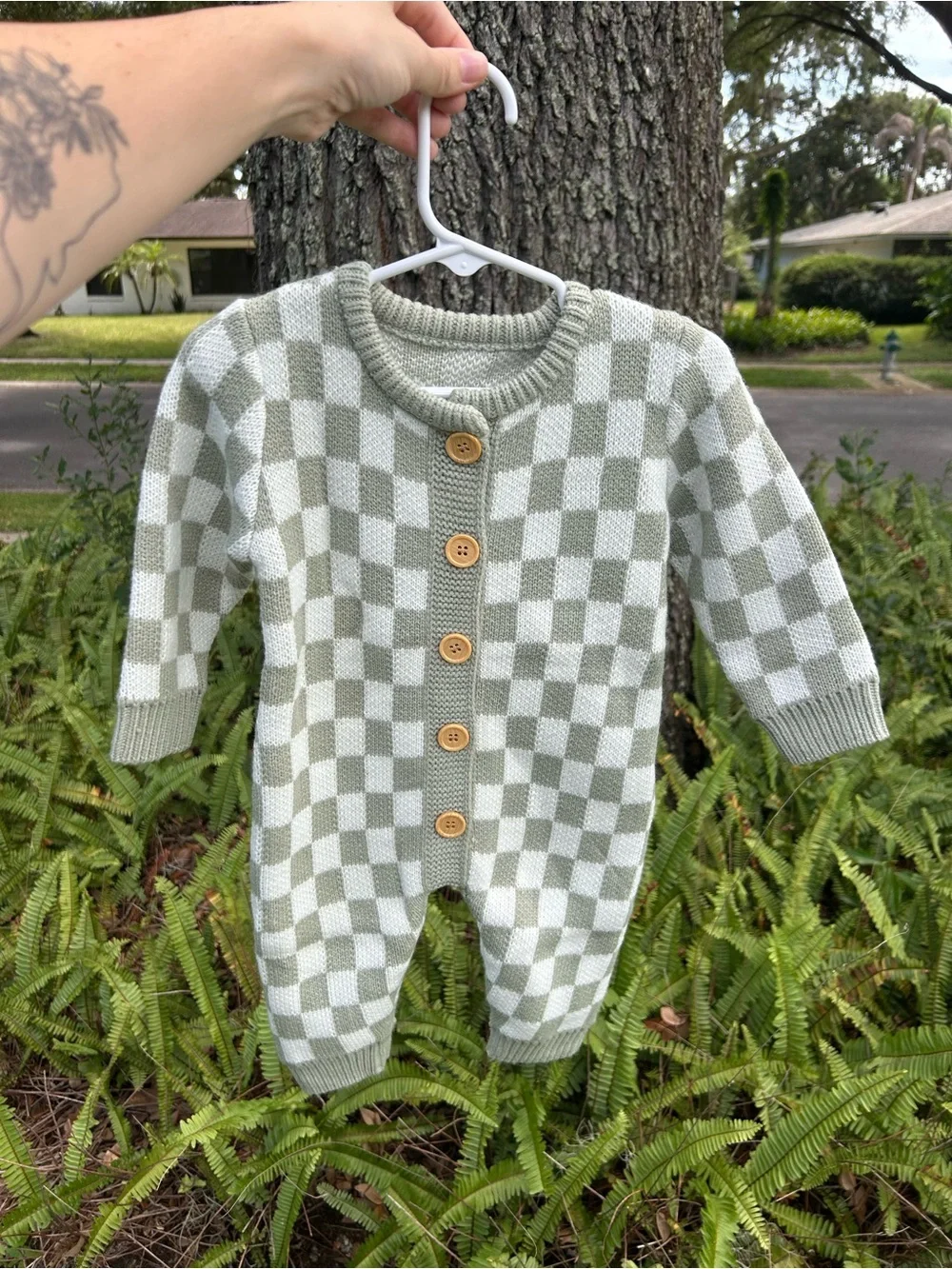 🧸 Green and White Check Knit Baby One-Piece Romper